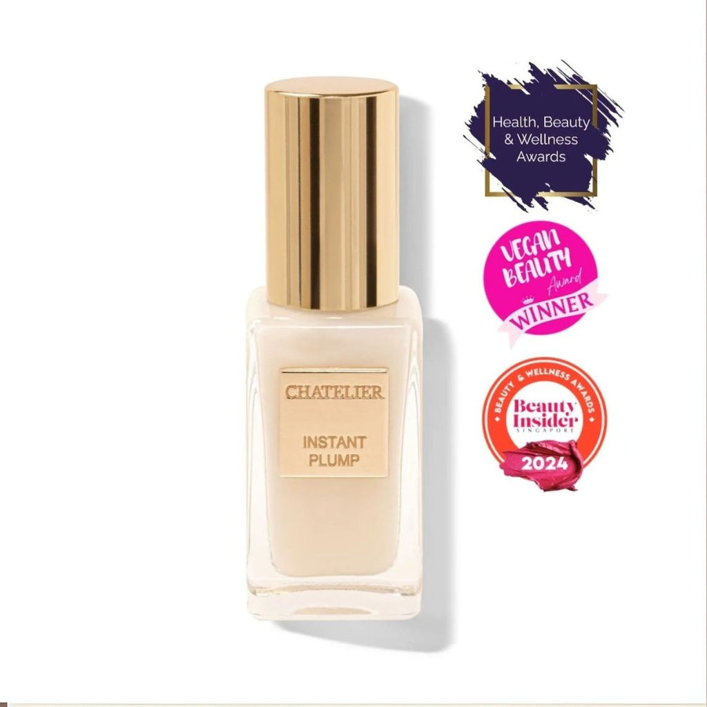 Chantelier Instant Plump skincare bottle with awards on a white background