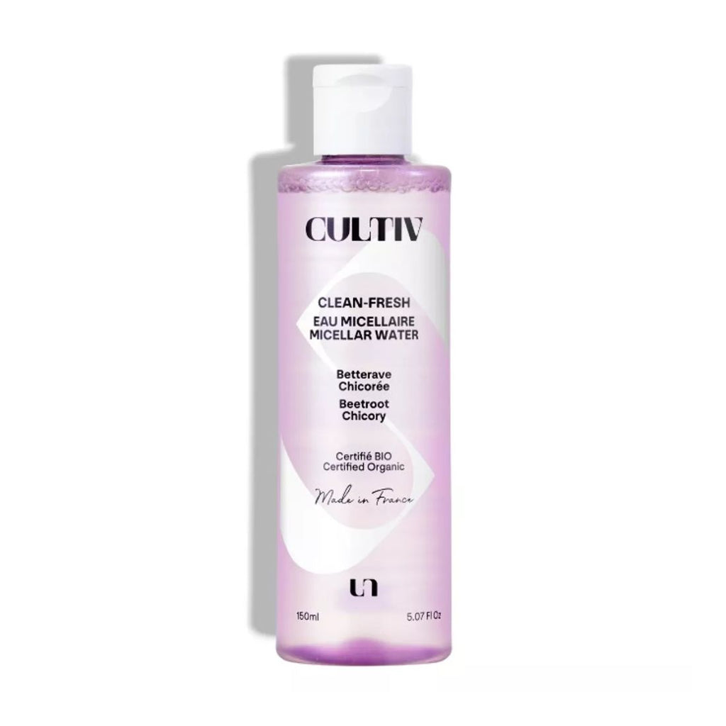Bottle of Cultiv micellar water on a white background