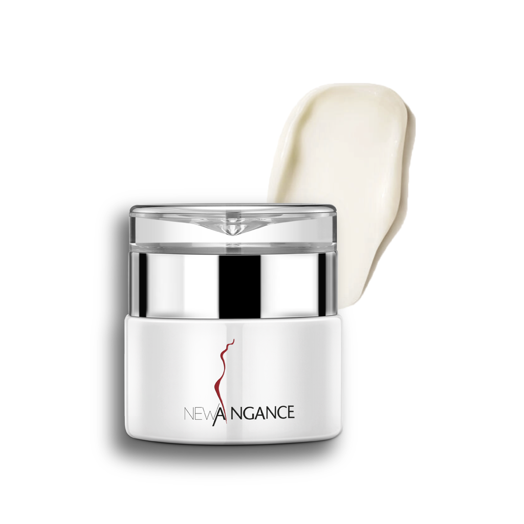 White skincare jar with silver lid and 'New Angance' branding on a white background