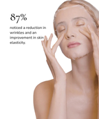 Woman applying cream to her face with text about skin elasticity improvement.
