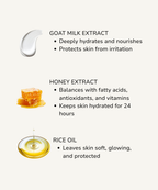 (goat milk extract, honey extract, rice oil) with text on a white background