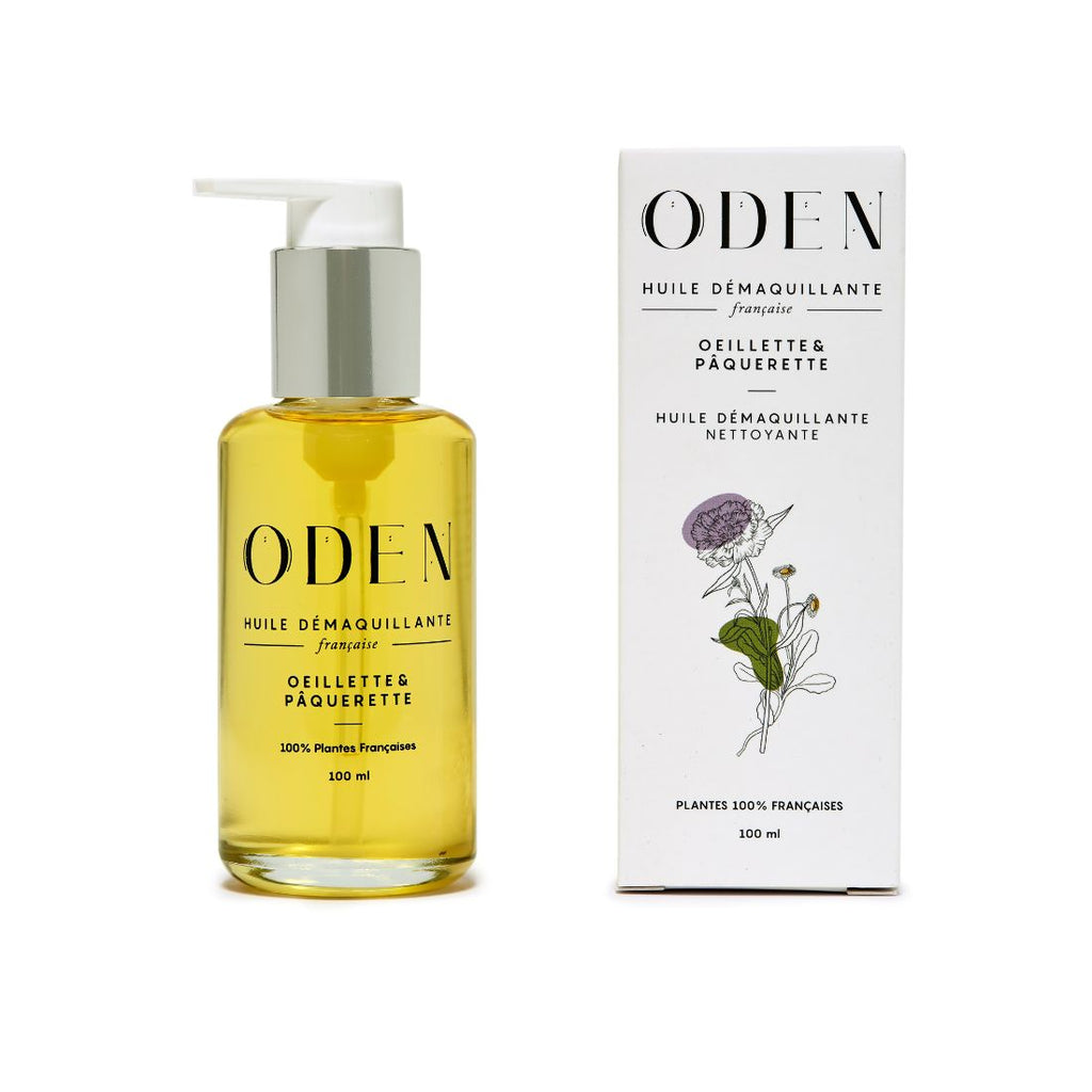 ODEN makeup remover bottle and packaging on a white background