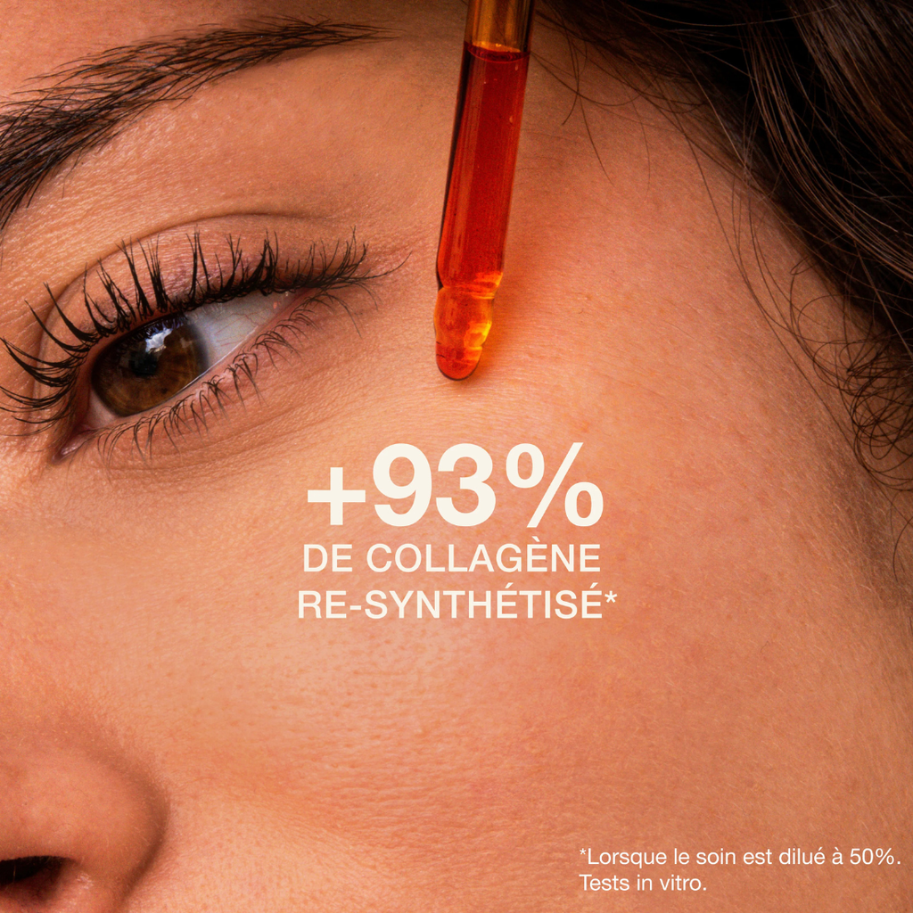 Close-up of a woman's eye with a dropper applying a red liquid to her skin, with text about collagen synthesis.
