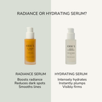 Two bottles of ODEN serum with text describing radiance and hydrating serum on a light gray background.