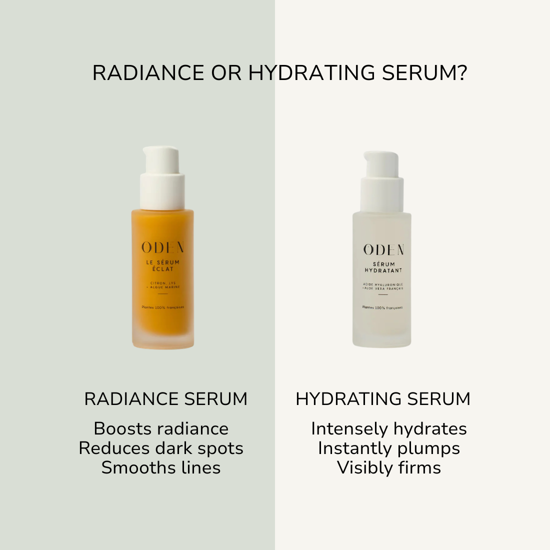 Two bottles of ODEN serum with text describing radiance and hydrating serum on a light gray background.