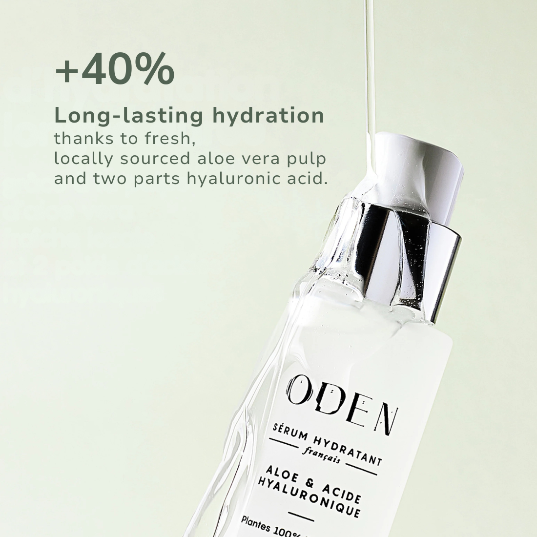 ODEN serum bottle with text about hydration and ingredients on a light green background