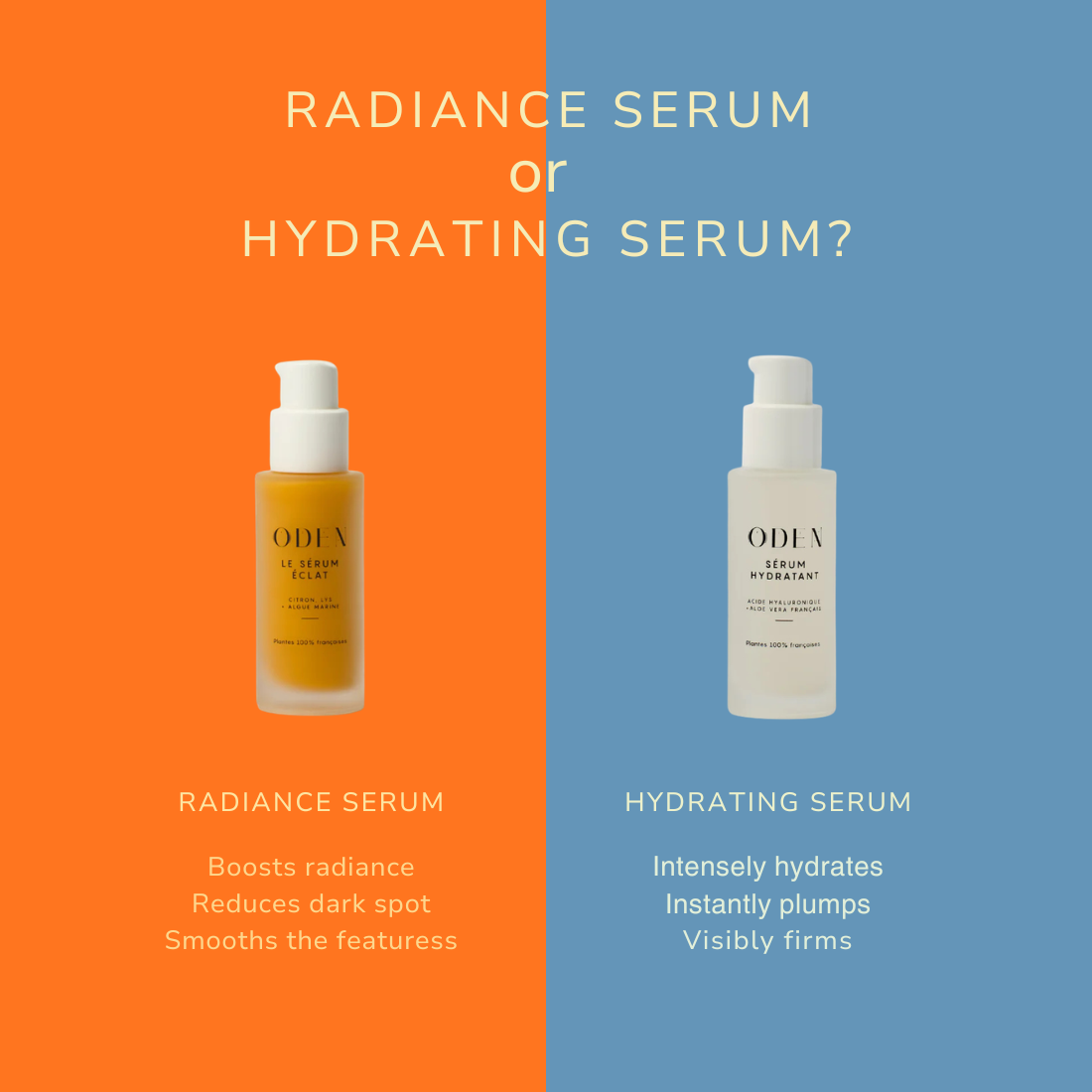 Two bottles of ODEN serum on an orange and blue background with text describing radiance and hydrating serums.