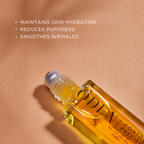 Skincare roller bottle with text on skin hydration benefits on a beige background