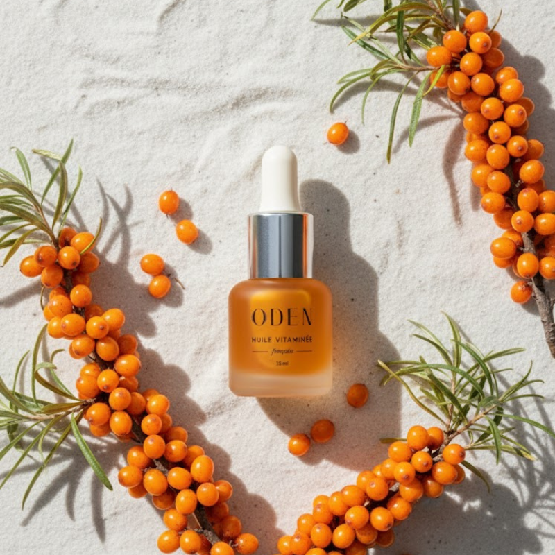 Olea skincare dropper bottle surrounded by sea buckthorn berries on a light background