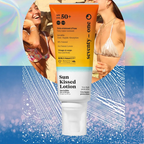 'seventy-one Sun kissed lotion" jar on a colorful background