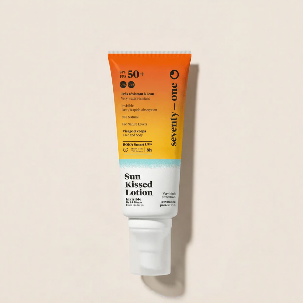 Tube of Sun Kissed Lotion with SPF 50+ on a beige background
