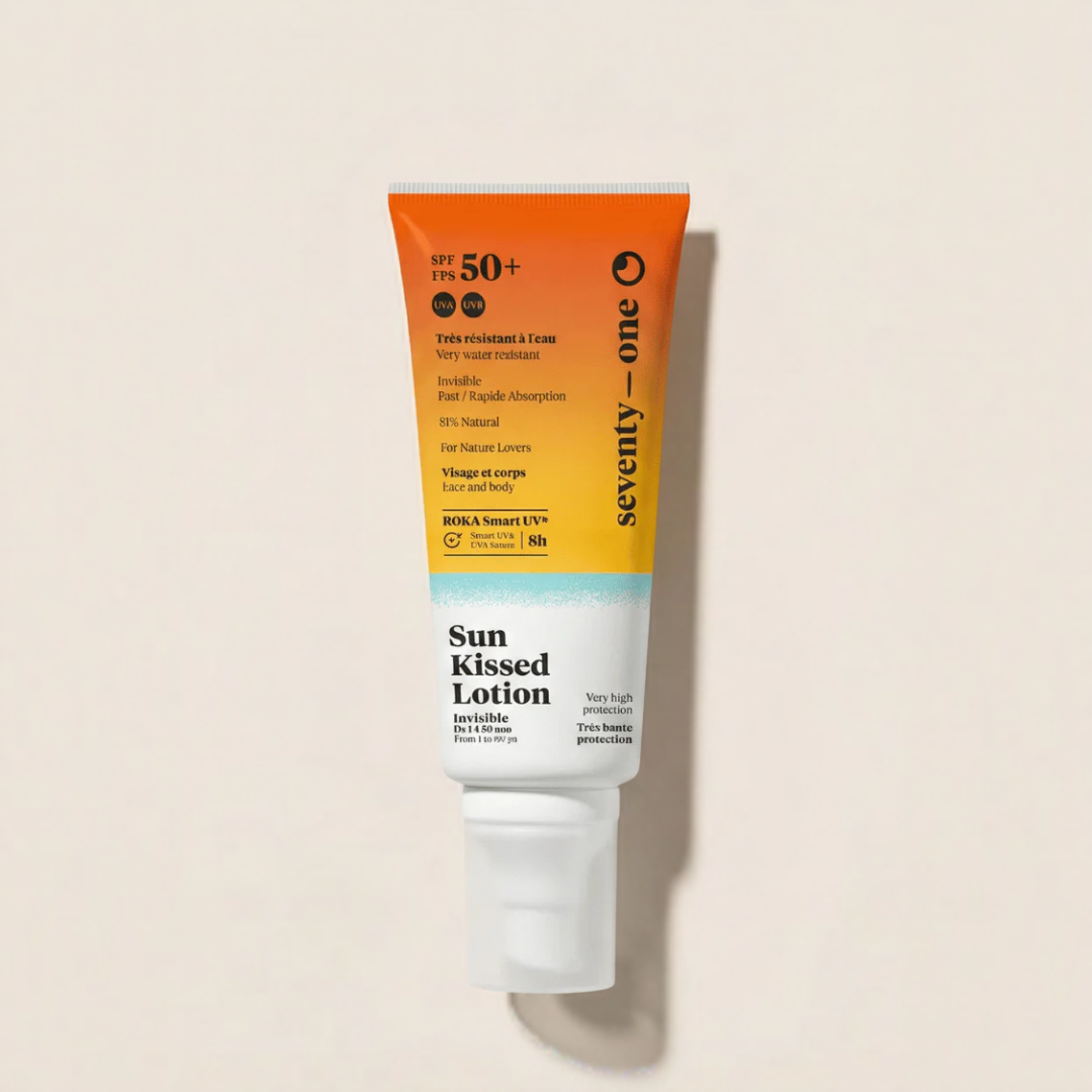 Tube of Sun Kissed Lotion with SPF 50+ on a beige background