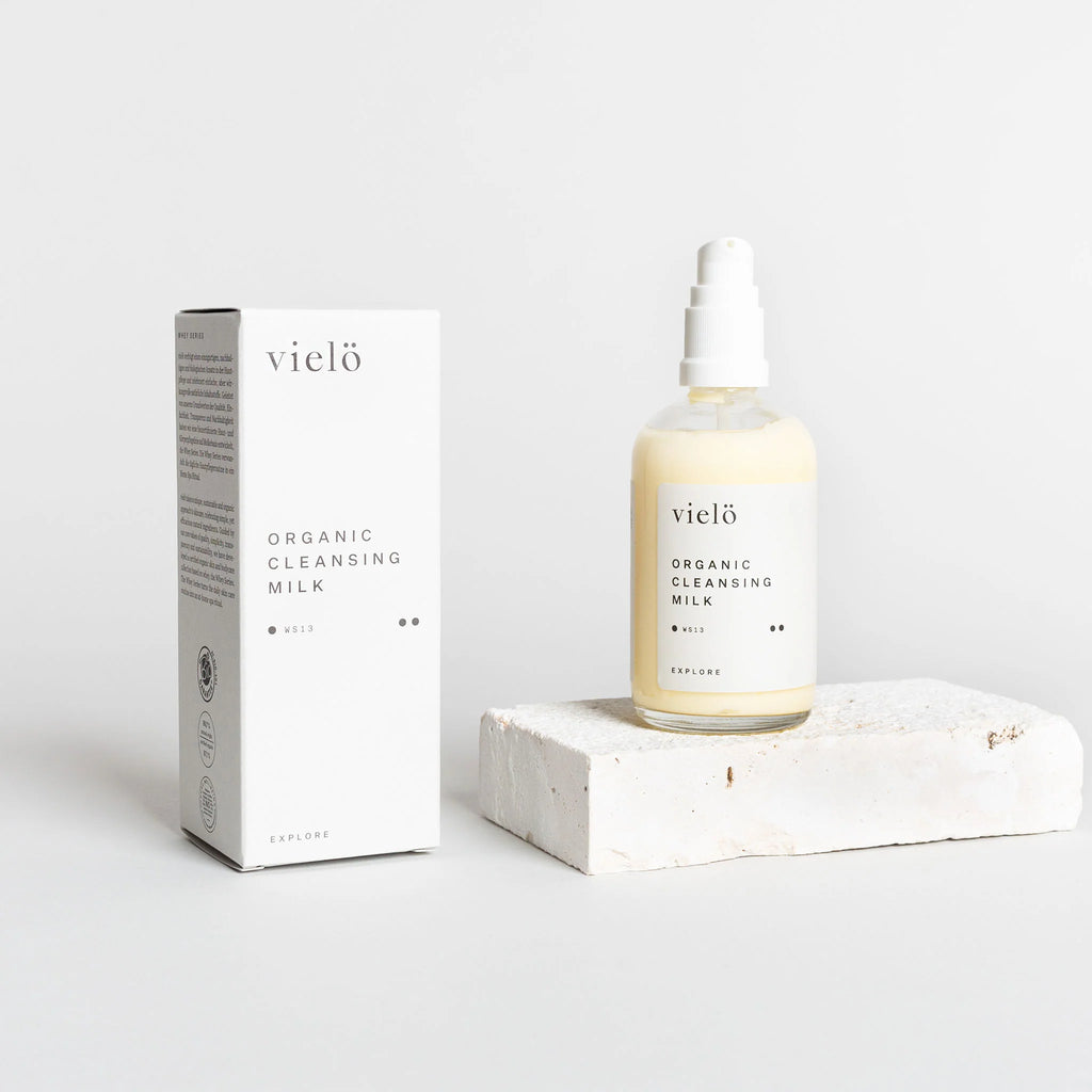 vielo organic cleansing milk bottle and packaging on a light background