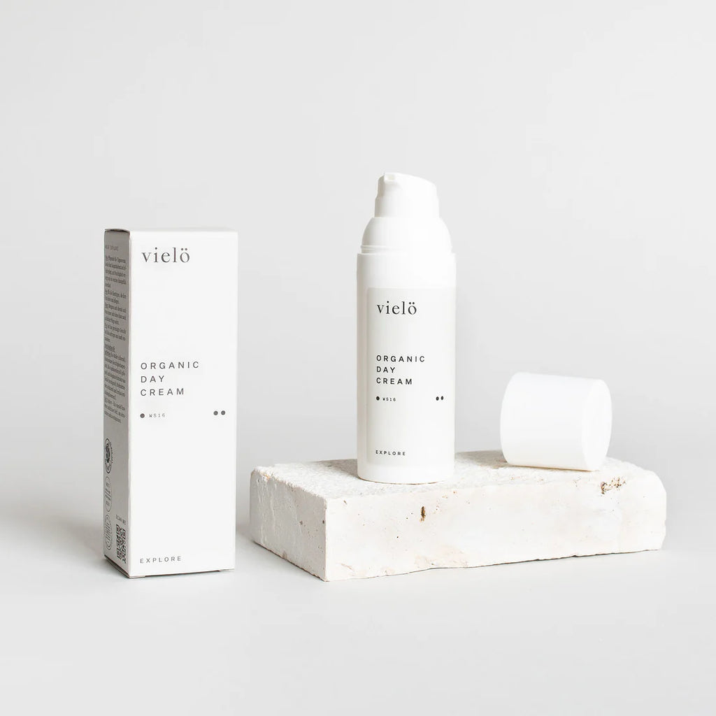 Vielö organic day cream packaging on a light gray background
