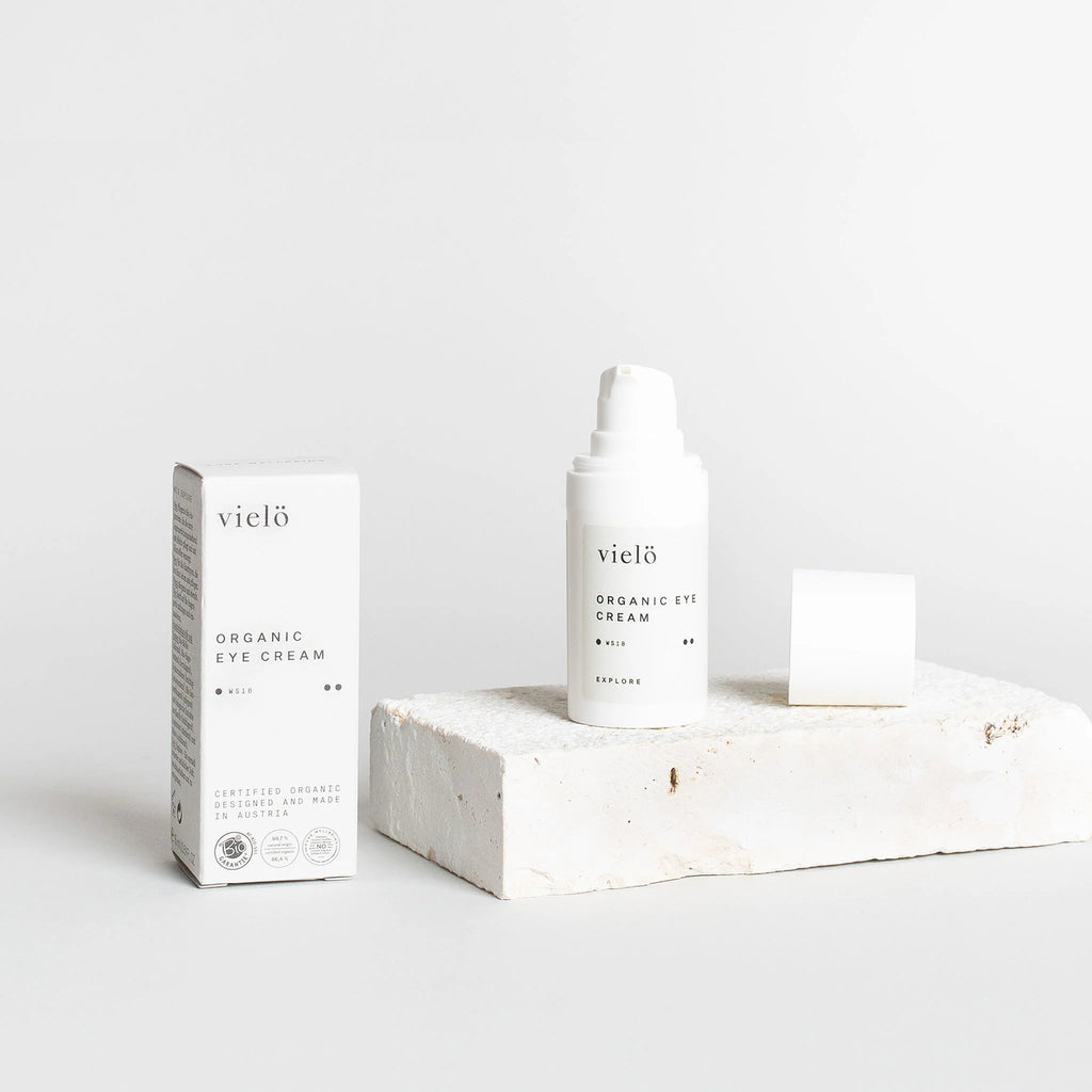 vielo organic eye cream packaging on a light gray background