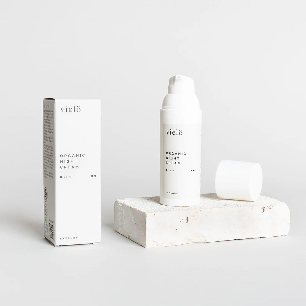 Vielö organic night cream with packaging on a light gray background