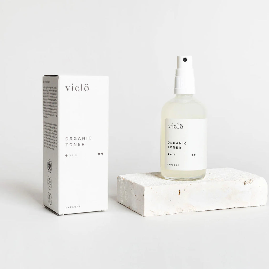 vielo organic toner bottle and packaging on a light gray background